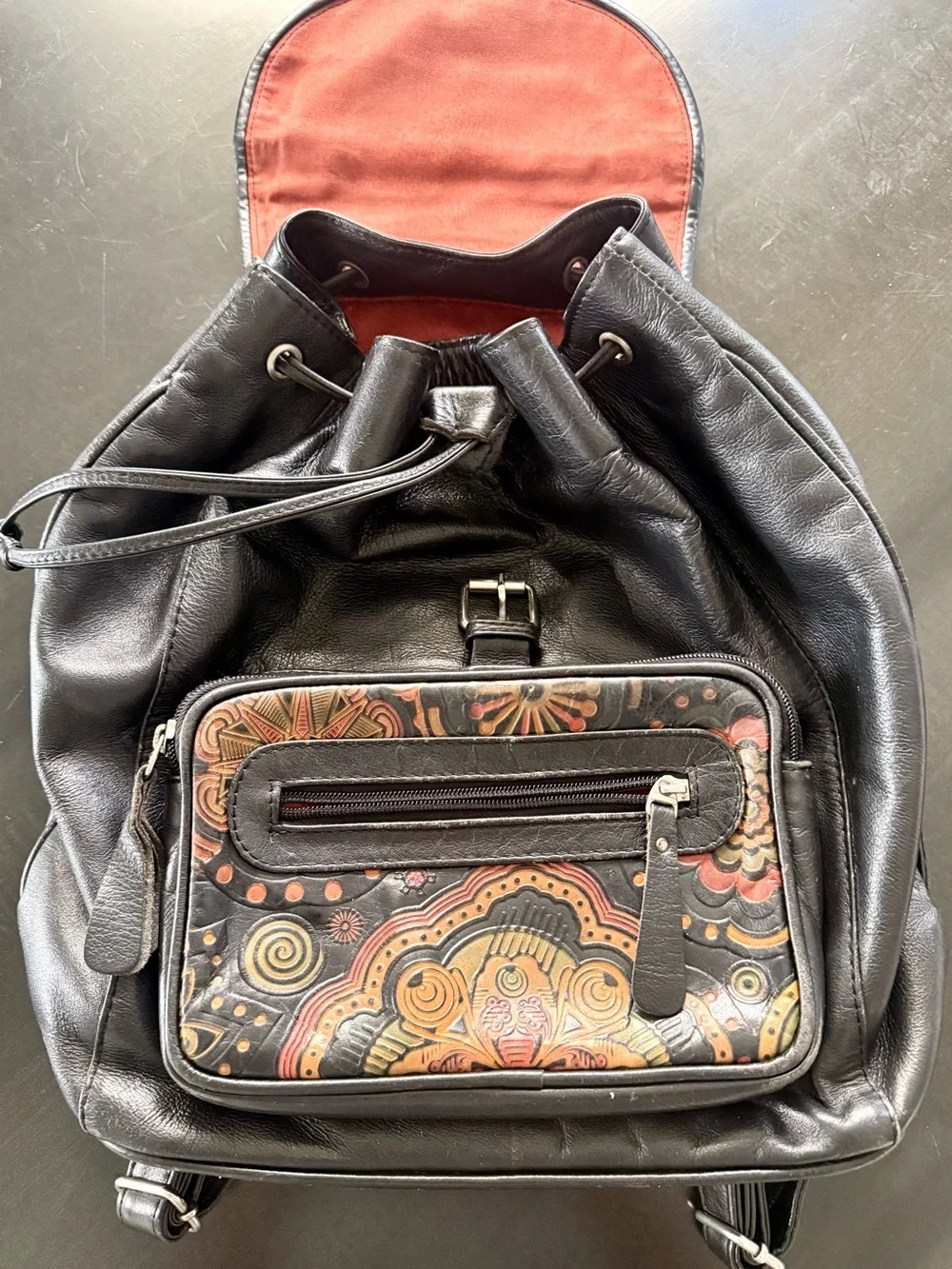 Hand made Black Leather Floral-Print Backpack Purse
